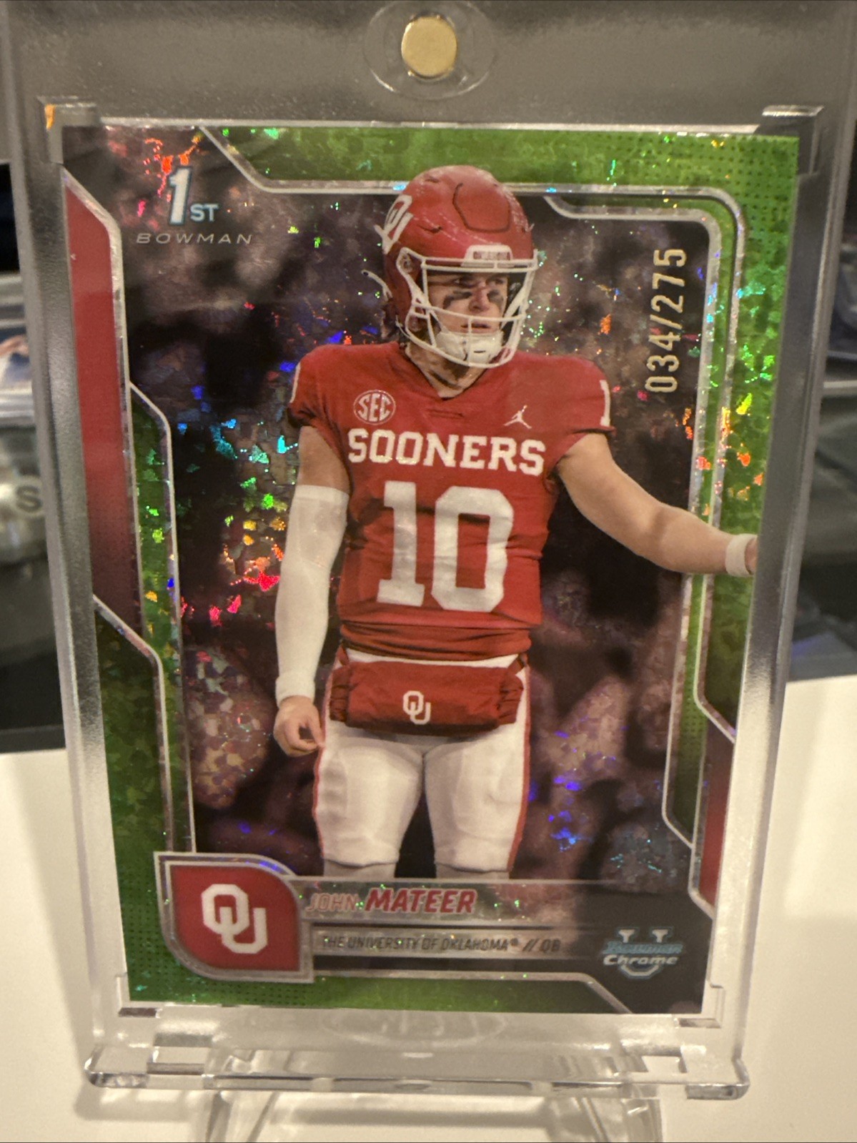 John Mateer 2025 Bowman U Chrome Lime Green Mini Diamond /275 🔥 Oklahoma 1st