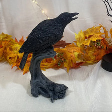 Halloween Resin Black Crow Raven On A Branch Figurine Decor Prop Decor 10.5" New