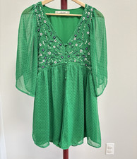 ZARA BASIC Green Polka Dot Embroidered Chiffon V-Neck Sheer Sleeve Mini Dress M