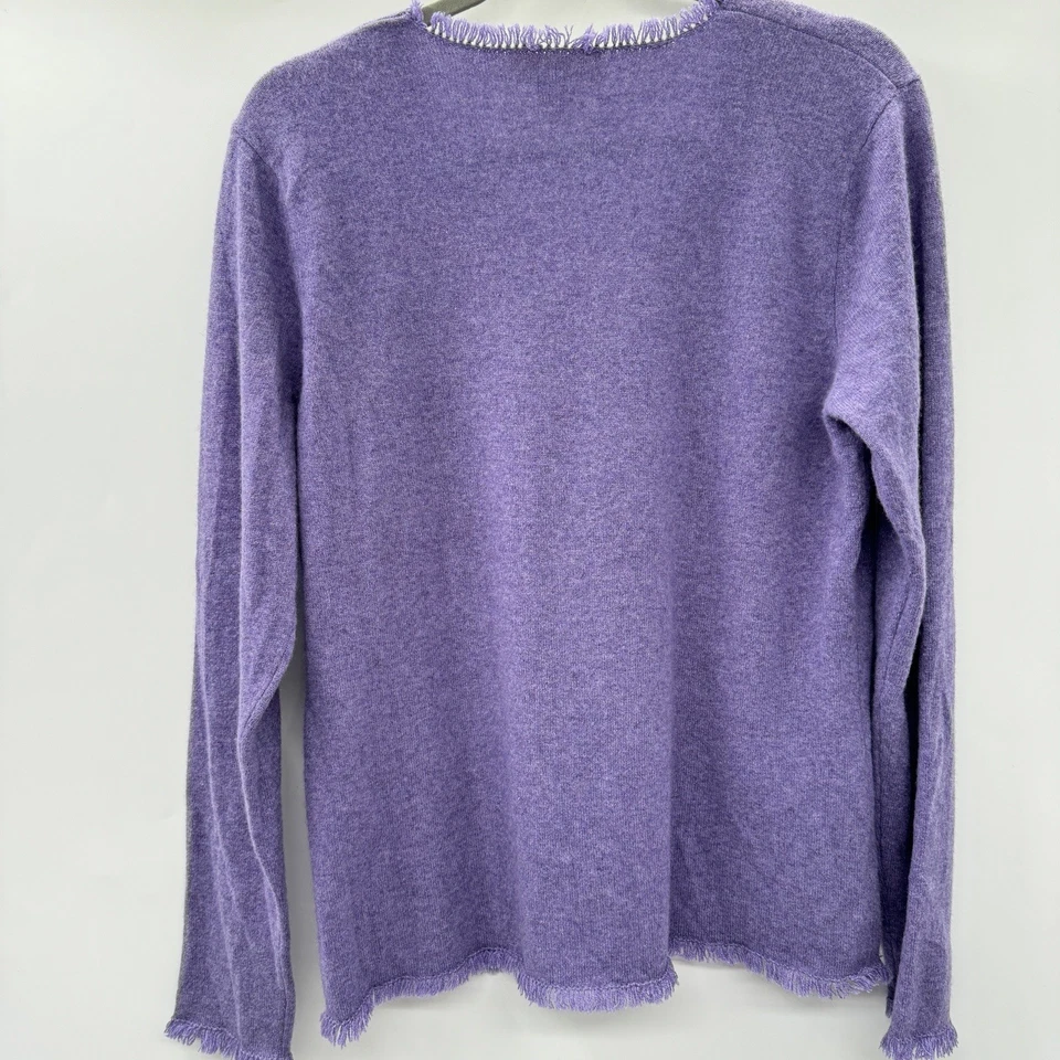 Suéter Peck & Peck 100% cashmere gola V tamanho XL urze roxo franja acabamento preppy - Imagem 2 de 4