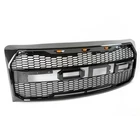 For 09-14 Ford F-150 Mesh Front Bumper Upper Grille +Amber LED Light Gloss Black