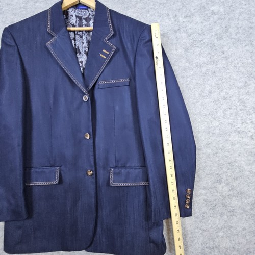 Blu Martini Men's Blue Denim Blazer Size 42R Contrast Stitches 3-Button Paisley - Picture 11 of 13