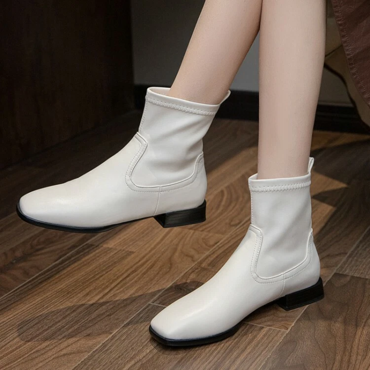 Womens Ankle Boots Low Block Heels Retro Square Toe Booties Casual Shoes Pull On