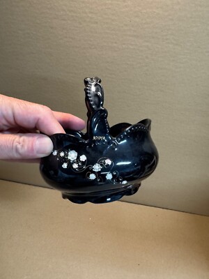 Vintage Payot Of Paris Black Porcelain Basket Vase Floral Nona Cottage Stye