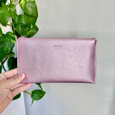 New Furla Pink Metallic Genuine Leather Oversized Wallet