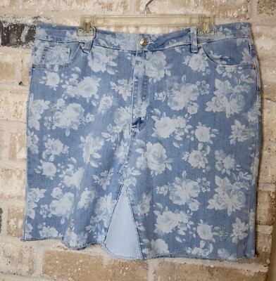Upcycled Women's Denim Rose Print Skirt Plus Size 21 with Distress Handmade 