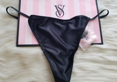 VICTORIA'S SECRET DREAM ANGELS SATIN POM POM V-STRING THONG PANTY XL BLACK NWT