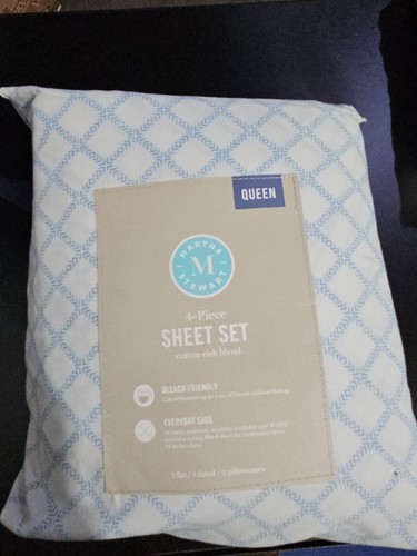 Martha Stewart Light Blue Trellis Queen Sheet Set 4 PC - Picture 1 of 2