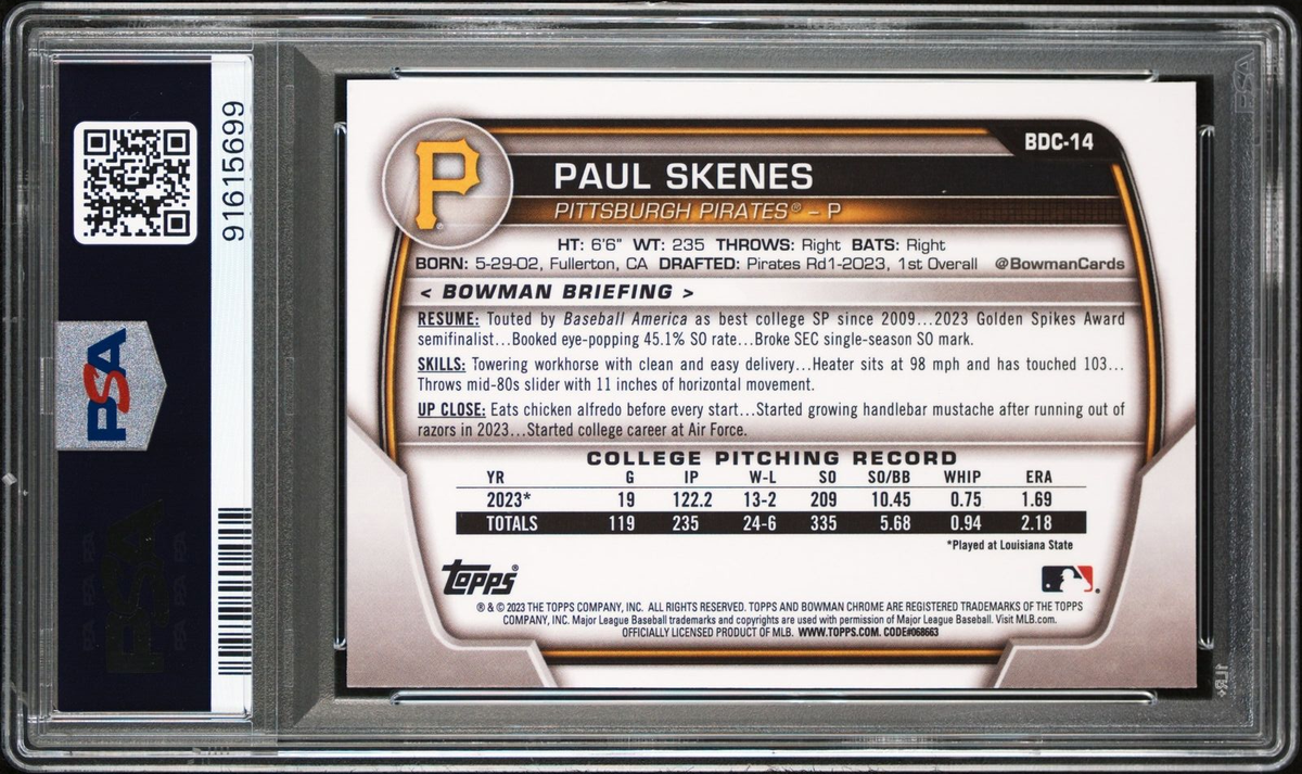 PSA 9 PAUL SKENES 1st 2023 Bowman Chrome Draft SAPPHIRE Rookie RC 