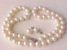 SET OF 7.5MM AAA WHITE PEARL NECKLACE  STUD EARRINGS 14K WHITE GOLD