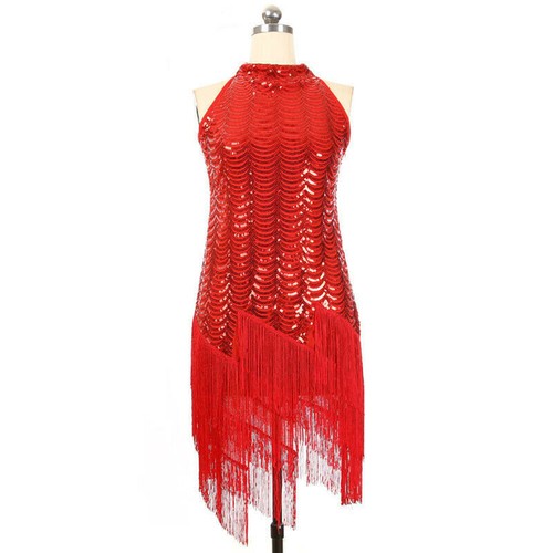 Lady Sequin Sleeveless Latin Dance Dress Tango Tassel Salsa Dancewear Slim Wear - Photo 13/17