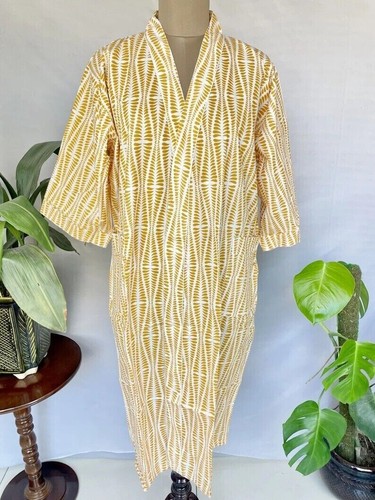 Indian Handmade White Yellow Chevron Print Cotton Kimono Women Dressing Robe US - Picture 4 of 5