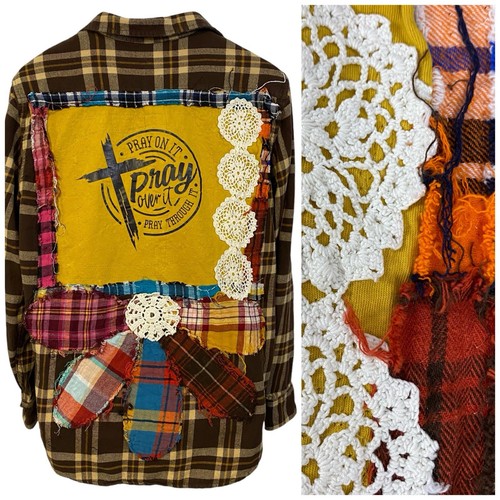 Upcycled Flannel Shirt Shacket Womens Large Christian Pray Cottagecore Grunge - Picture 3 of 20