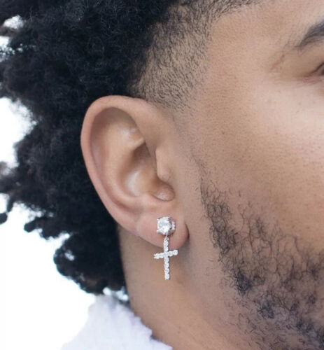 Iced Stud Cross Drop Hanging Huggie Dangle Hoop Sterling Silver Cz Mens Earrings - Picture 1 of 4