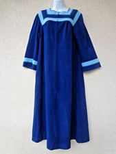 VTG Velour ROBE Dressing Gown LONG Housecoat Zip Front Blue Colorblock Stripes M