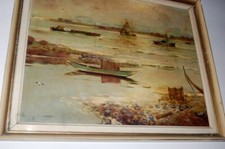 Gemälde Ölgemälde auf Platte Erich Stapel Rhein  Schiffe Nachen Niederrhein