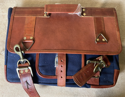 #ad #ad Leather Satchel Blue Canvas Men#x27;s Messenger Laptop Bag NWOT