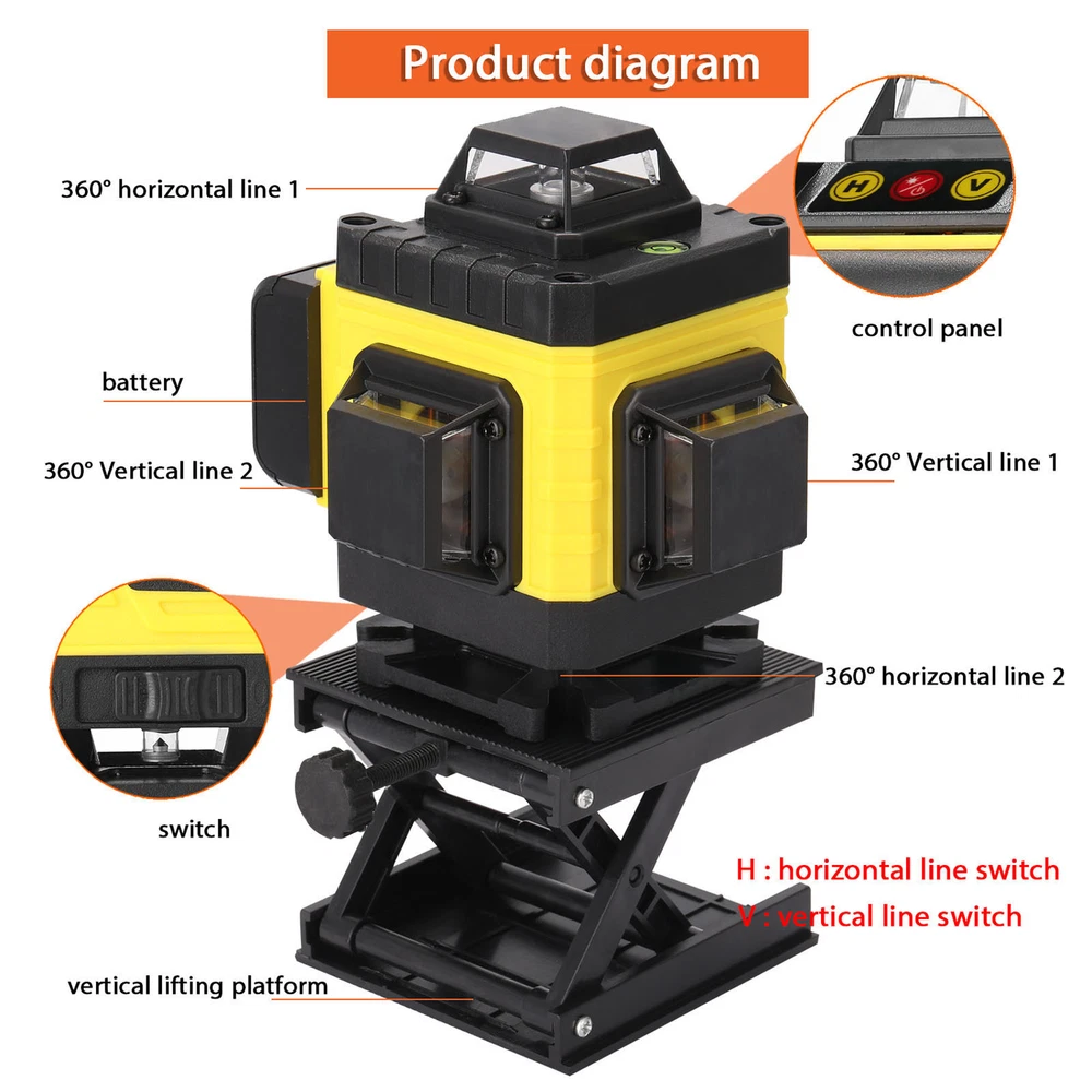 2400mAh Laser Level 360°4D 16 Lines Laser Self Leveling Cross Measure Tool R6H2