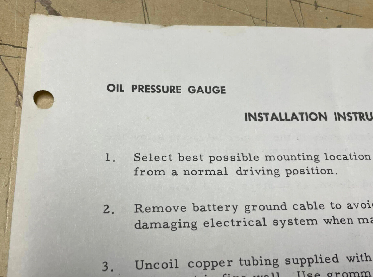 Vintage Original Sun Electric Corp Oil Pressure Gauge Installation Instructions