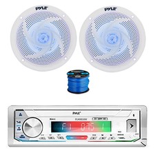 Pyle BT Marine Receiver, 2x 5.25" 180W LED Speakers White w/ Wire