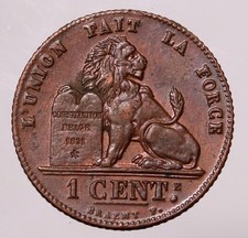 1914 Belgium 1 Centime Copper Coin French Text KM# 76 gEF