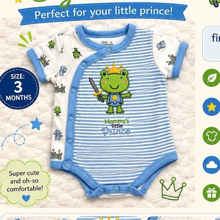 VINTAGE Carter's Baby Boys Bodysuit 3M Blue Frog Prince Snap Striped