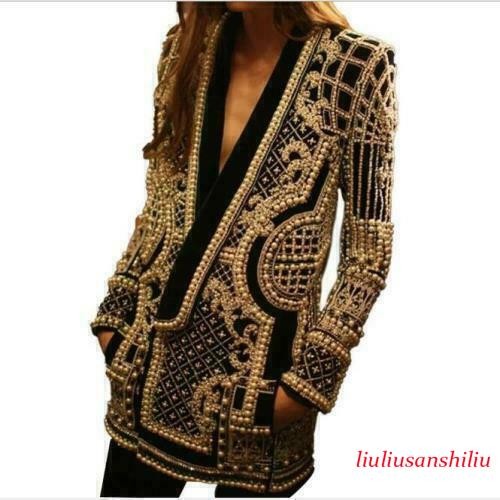 Occident Women's V-neck Embroidery Beaded Blazer Long Jacket Long Sleeve Coats