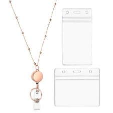 Round Badge Necklace Lanyard with 1 Set ID Holder, Rose Gold