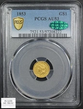 1853 Type 1 Liberty Head One Dollar Gold G$1 PCGS AU 53 CAC