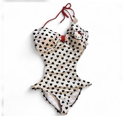 Hello Kitty Heart Print Halter Bikini Swimwear White Black Red Bow Logo Women M