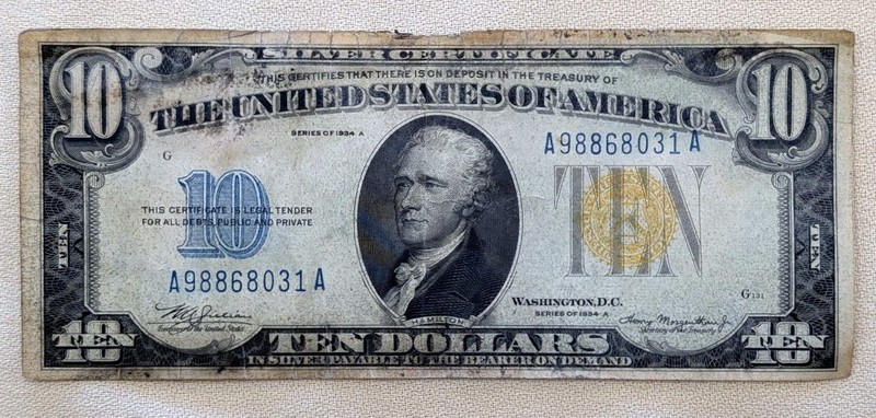 1934 A $10 Ten Dollar North Africa Silver Certificate Yellow Seal Note