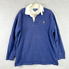 Polo Ralph Lauren Mens L Rugby Shirt Navy Blue Long Sleeve Yellow Pony Logo VTG