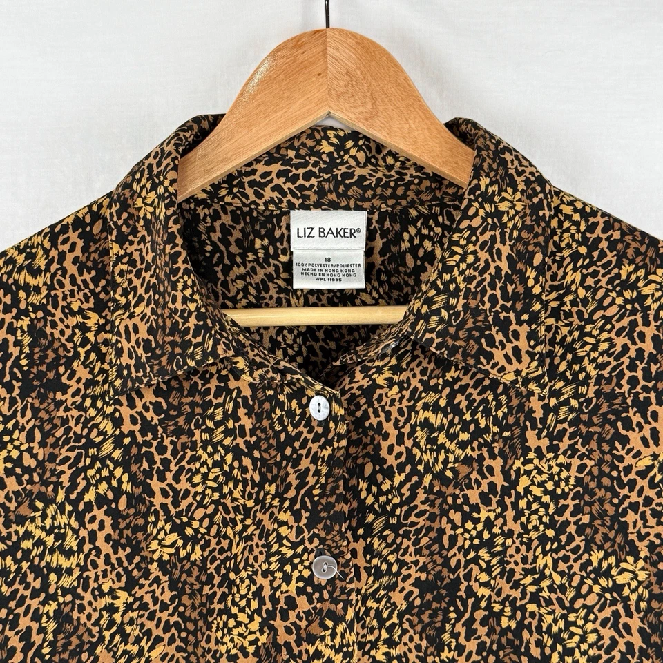 Blusa para mujer Liz Baker marrón con estampado de animales manga larga con botones talla 18 Foto 3 de 4