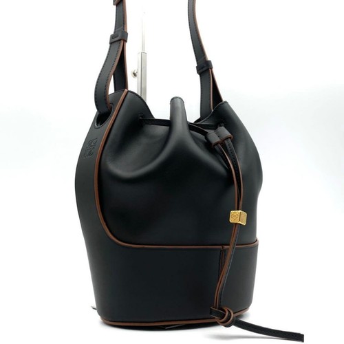 LOEWE Balloon Bucket Bag Black Brown Leather Crossbody Shoulder Handbag Gold Bag