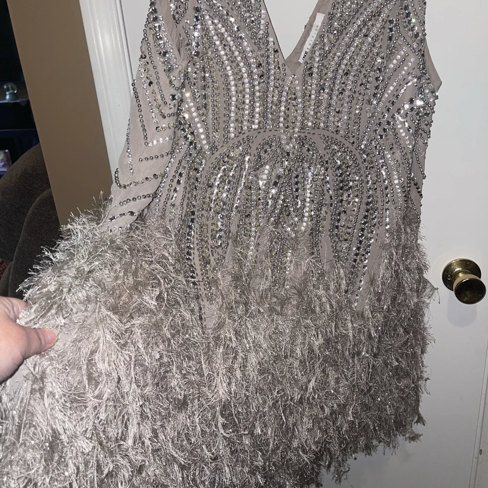 ASOS Edition Gray Crystal Beaded 1920s Inspired Flapper Fringe Mini Dress US 14 - Image 2 of 4