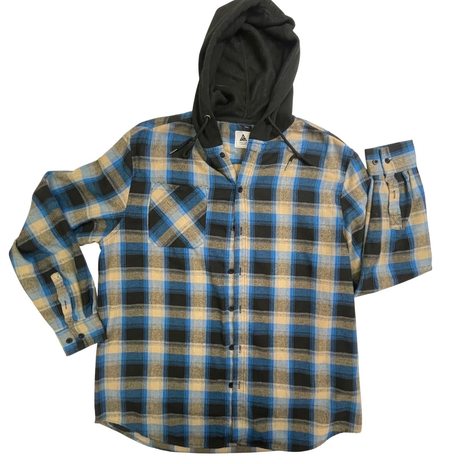 Swiss Well Mens XL Hooded Flannel Shirt Blue Tan Plaid Button Down Hooded