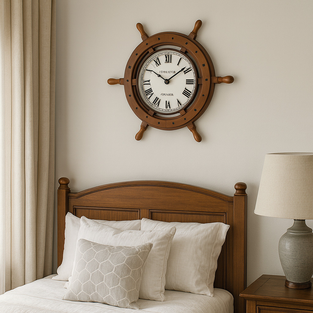 Nautical Ship Wheel Wall Clock 18" Solid Wood & Brass Vintage Maritime Decor