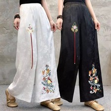 Lady Satin Pants Faux Silk Trousers Embroidered Wide-leg Pants Ethnic Style Long