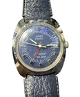 Vintage Timex Electric Dynabeat Time Zone Watch Blue Dial Silver Tone Leather