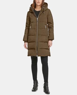 DKNY Coat Women Petite Hooded Puffer Water-Resistant Zipper Green Size P/XL NEW