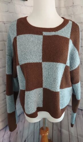 Womens Blue Brown Check Sweater Pullover Lg Longs… - image 1