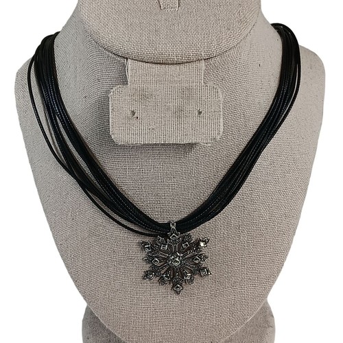 Vintage Sterling Silver Marcasite Snowflake Star Pendant Necklace Black Cord