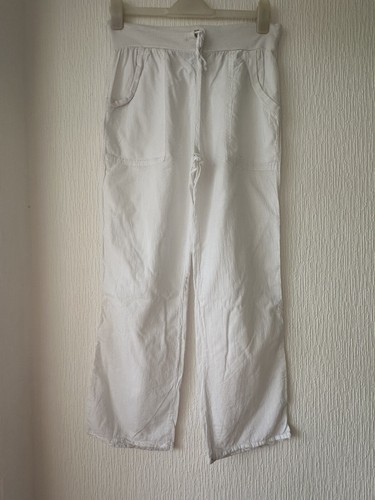 WHITE COTTON TROUSERS L OR 14 ELASTICATED SUMMER SMART PARTY GLAM HOLIDAY BEACH - Picture 1 of 5