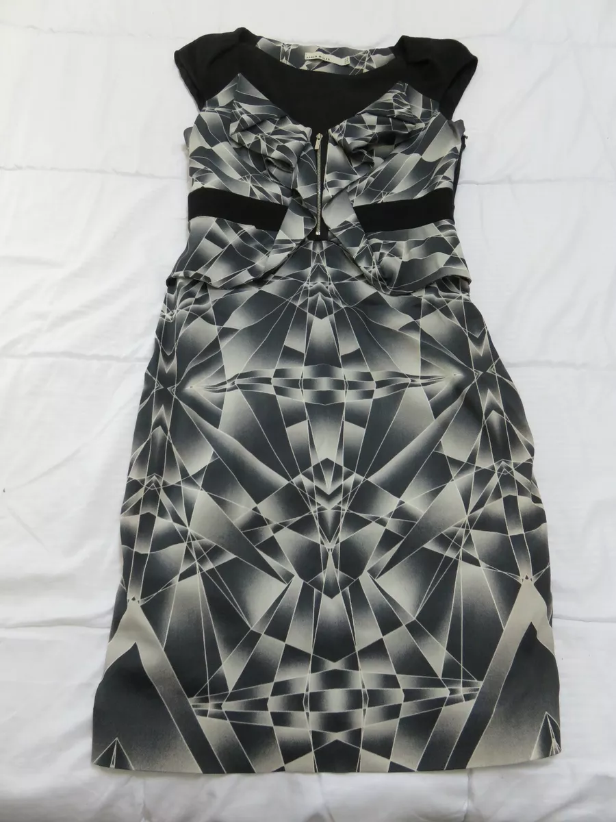 KAREN MILLEN BLACK GREY GEOMETRIC DIAMOND PRINT FITTED SHIFT DRESS UK 12