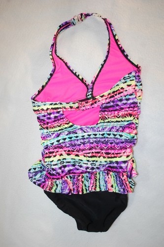 Girls 1 PC Swimsuit MULTI-COLOR STRIPE Geometric HALTER Semi Open Back S 6-6X - Picture 2 of 2