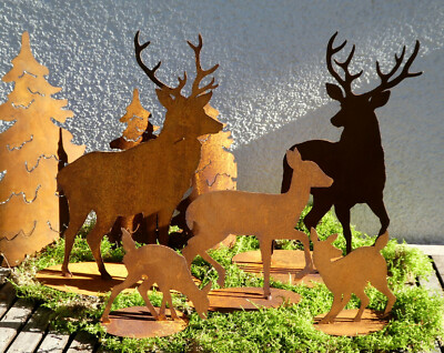 Waldszene Hirsch Reh & Kitz Wildtierfiguren Herbst Weihnachten Edelrost Jagd