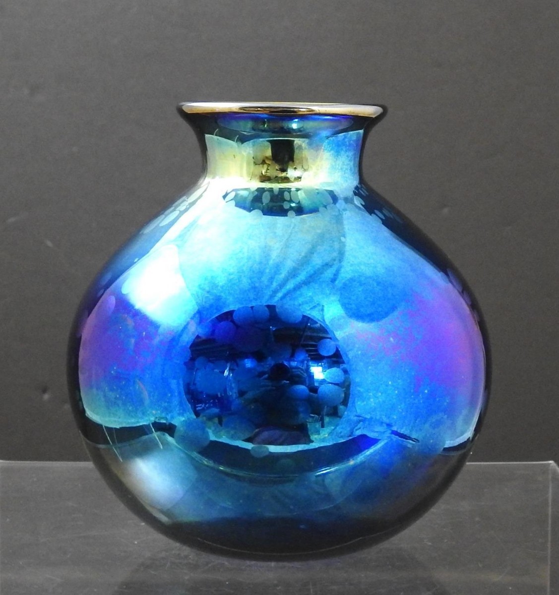 Vintage Art Glass Iridescent Blue Signed Numbered 6-96 Vase 5 1/8