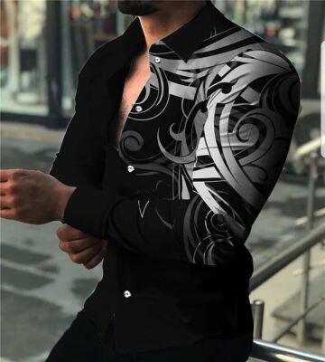 Camisa con botones Hombre Manga larga Hojas plata negras clásico Moda Fiesta Tee
