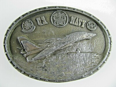 C&J Pewter US UNITED STATES NAVY SHIP Plane JET Belt BUCKLE 1987