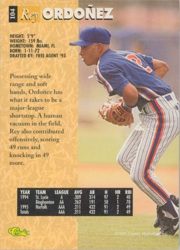 Rey Ordonez RC 1995 Classic 5 Sport #104 New York Mets Baseball Rookie Card - Picture 2 of 2